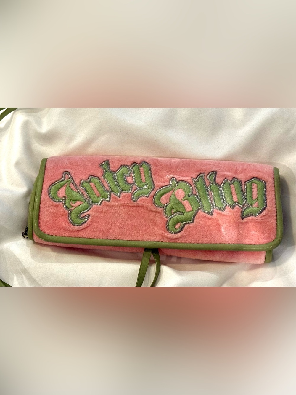 Vintage Juicy Couture Pink velour “juicy bling” travel jewelry roll case Y2K